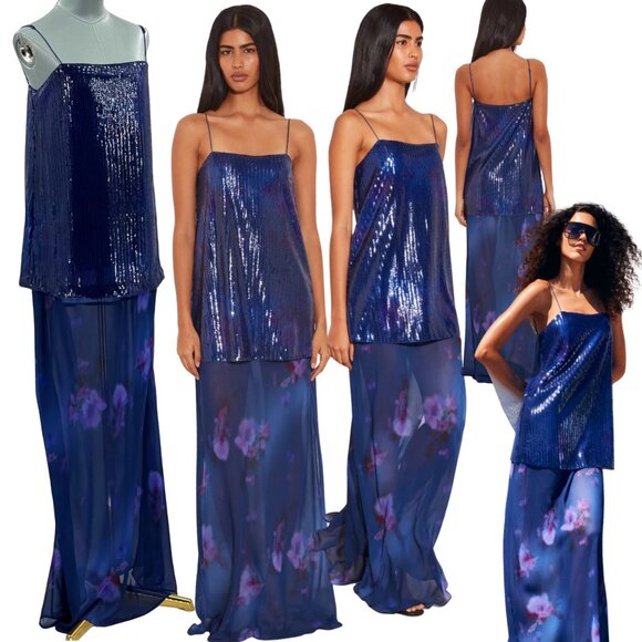 🆕 RAT & BOA 🧿 NWOT Violetta Blue Sequin & Floral Printed Maxi Dress, Sz M - Picture 1 of 17